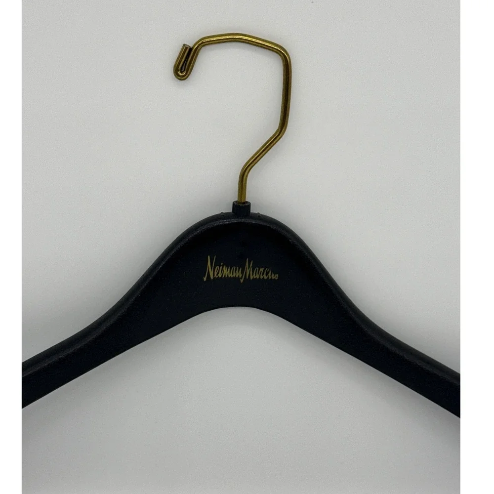 Neiman Marcus Black Suit Hanger with Trouser Bar Gold Logo Brass Swivel Hook